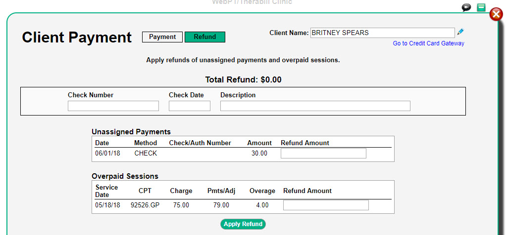 refunding overpayments unassigned client payments therabill